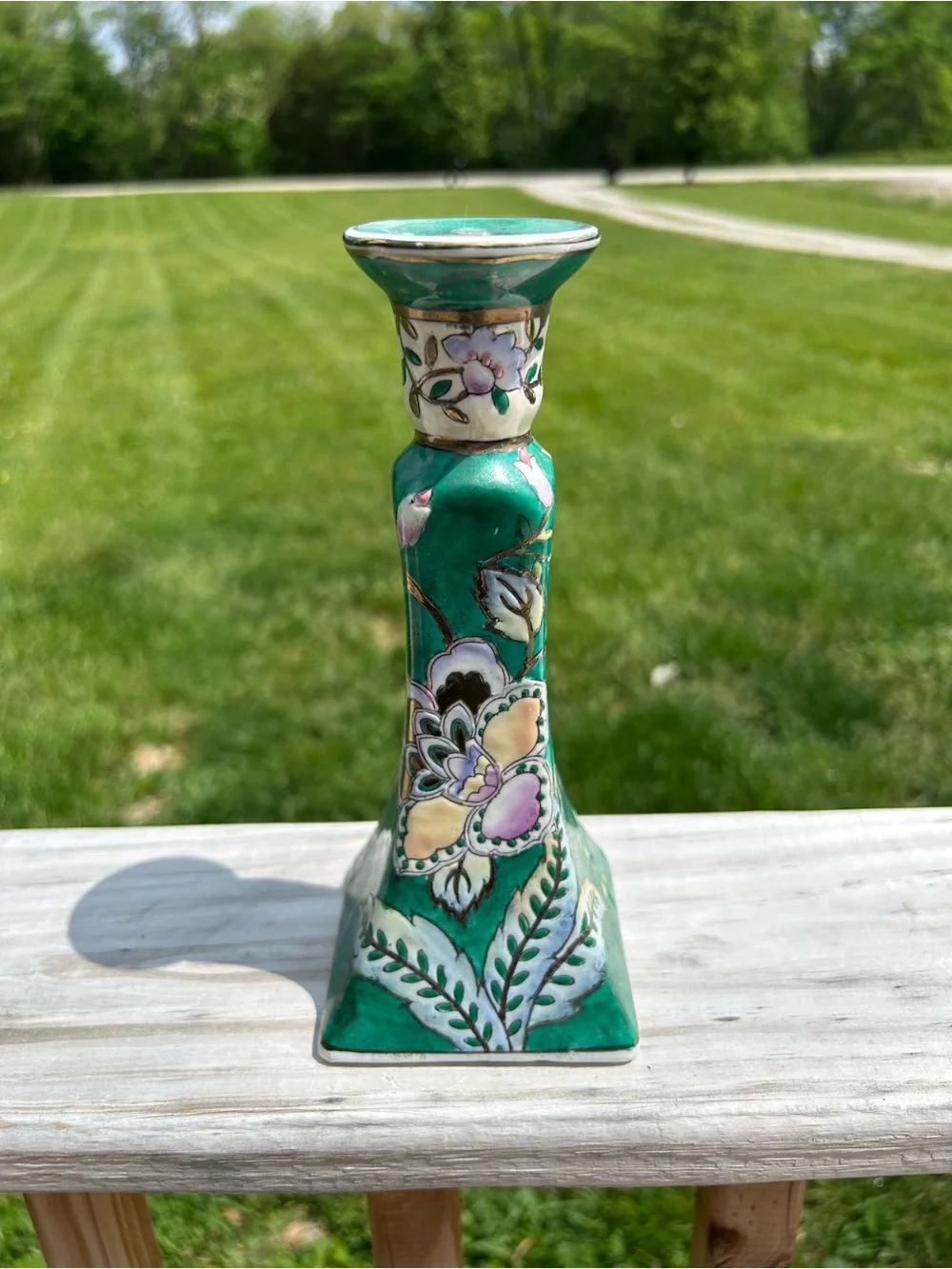 Vintage Japanese Candle Stick Holder Floral‎ Green Cottagecore Gold Tone Trim